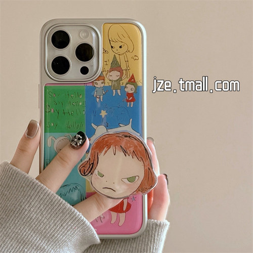 可爱彩色奈良美智女孩支架适用苹果15手机壳iPhone16ProMax新款15pro防摔13女款小众12硅胶14pro电镀全包软壳