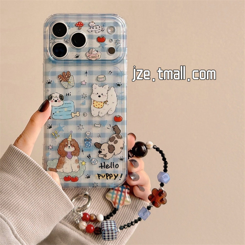 jze ins风蓝格纹可爱卡通狗狗带链条适用苹果17ProMax手机壳iphone15新款16promax女款17pro双层14防摔手机套