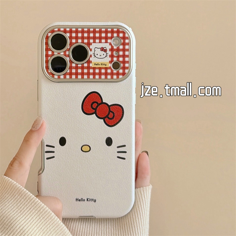 jze 可爱红格纹蝴蝶结哈喽kt卡通适用苹果17ProMax手机壳iphone15新款16pro女款13创意15pro全包防摔保护套14