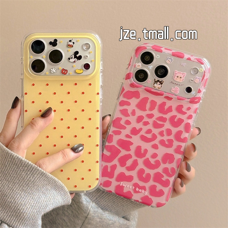 jze 日韩可爱波点豹纹米奇哭娃镜框适用苹果17ProMax手机壳iphone15新款16pro女款17pro双层14全包防摔手机套