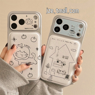 jze韩系ins涂鸦线条小狗咖啡猫咪适用苹果17ProMax手机壳iphone15新款16pro女款17pro大视窗14全包防摔手机套