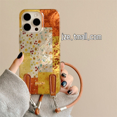 jze ins秋冬枫叶碎花拼接适用苹果15手机壳iphone17ProMax新款15promax女13腕带挂绳16pro氛围感14全包保护套