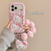 16pro女款 jze 秋冬毛绒茸刺绣粉紫豹纹猫咪适用苹果17ProMax手机壳iphone15新款 13手提挂绳15pro防摔保护套14