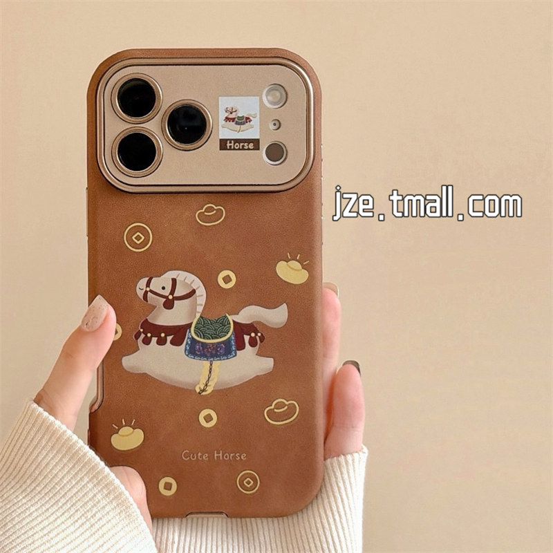 jze 皮质大视窗棕色元宝可爱小马适用苹果17ProMax手机壳iphone15新款16pro女款13秋冬15pro全包防摔保护套14