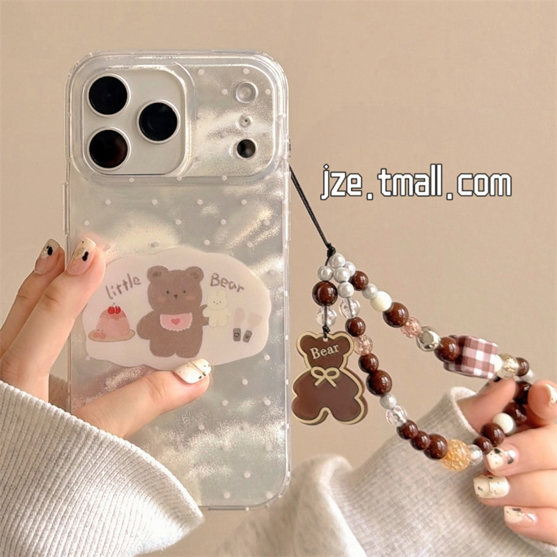 jze小众ins风可爱波点甜品小熊适用苹果17ProMax手机壳iphone15新款16pro少女13带链条15pro双层14防摔保护套