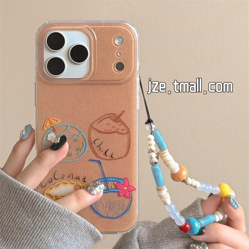 jze韩系ins风秋冬栗子棕椰子涂鸦适用苹果17ProMax手机壳iphone15新款16pro女13带链条15pro双层14防摔保护套
