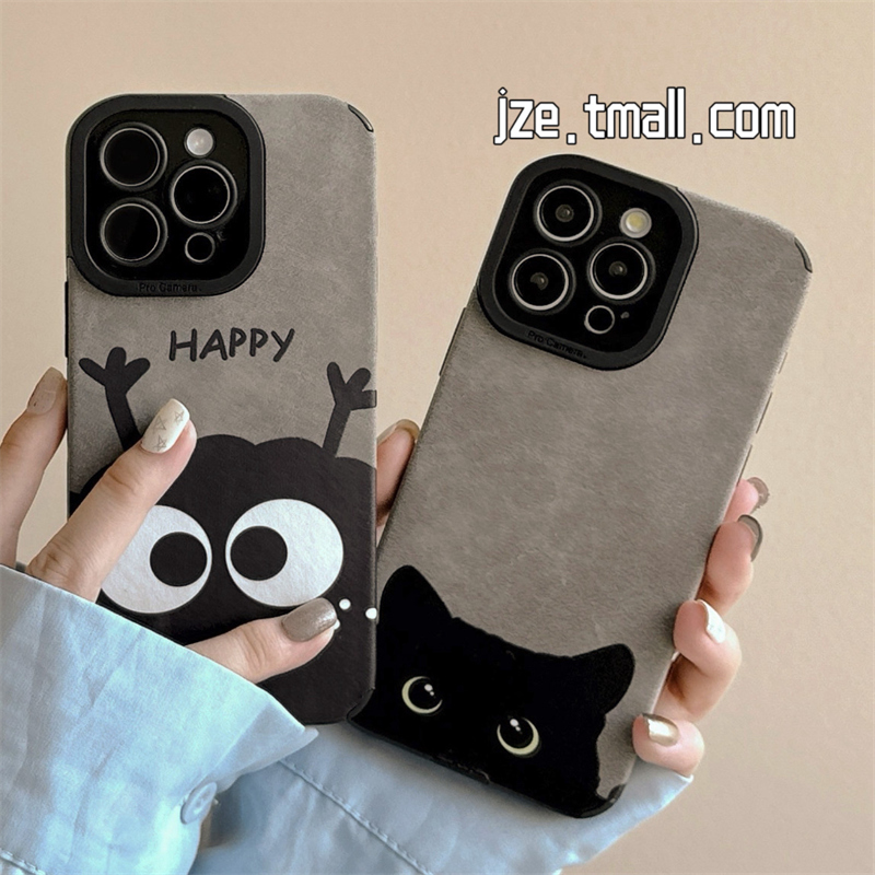 可爱灰色煤球猫咪卡通适用苹果15手机壳iPhone16ProMax新款15pro防摔13女款小众12硅胶14pro全包翻毛皮软套男