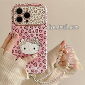 jze 甜美粉色爱心豹纹哈喽kt猫适用苹果17ProMax手机壳iphone13新款 15pro少女15带链条16pro仿皮14防摔保护套