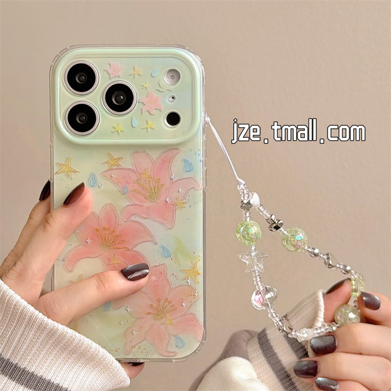 jze春夏ins小清新粉绿百合花星星适用苹果17ProMax手机壳iphone15新款16pro少女心17pro双层14全包防摔手机套