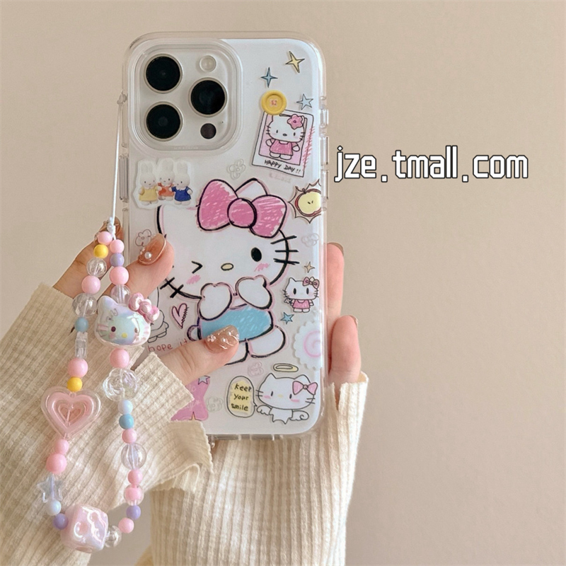 ins可爱少女卡通HelloKitty涂鸦适用苹果15手机壳iphone16ProMax新款15promax带链条13小众16pro全包14保护套