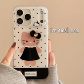 jze 甜酷小香风波点黑裙kt猫蝴蝶结适用苹果17ProMax手机壳iphone15新款 16pro女13双层15pro全包14防摔保护套