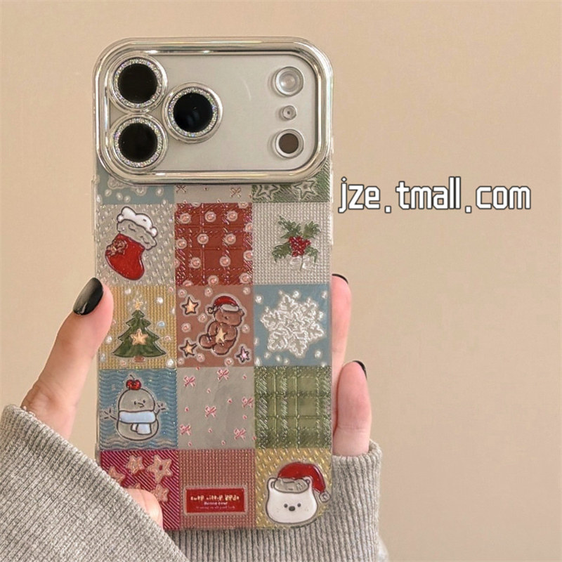 jze 秋冬彩格圣诞可爱卡通涂鸦适用苹果17ProMax手机壳iphone15新款16pro女13带镜头膜15pro全包防摔保护套14,3C数码配件,手机保护套/壳,淘宝优惠券,粉丝福利购,淘宝优惠卷