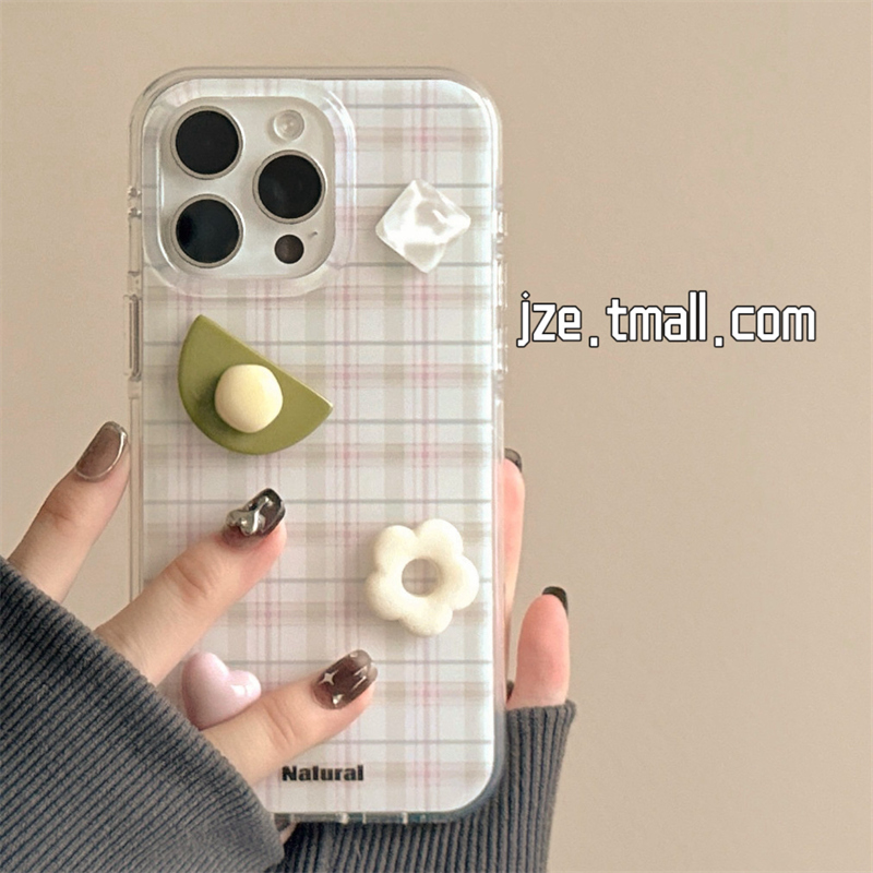 jze 韩系ins小众撞色格纹立体几何适用苹果15手机壳iphone16ProMax新款15promax女款13双层16pro全包14保护套