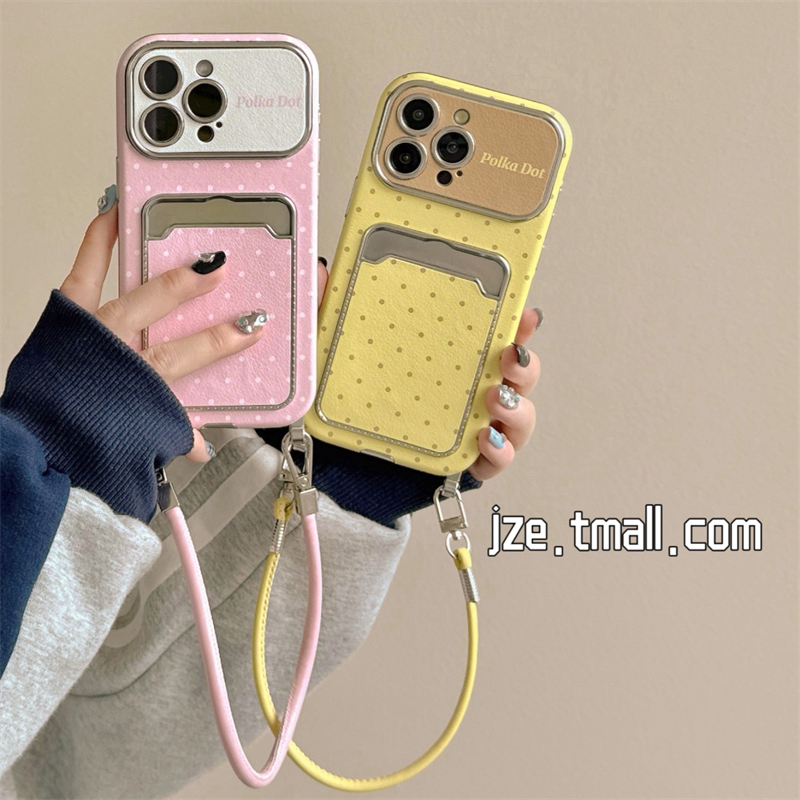 韩系ins简约波点卡包适用苹果15手机壳iphone16ProMax新款15promax女款带挂绳13皮质16pro大视窗14全包保护套