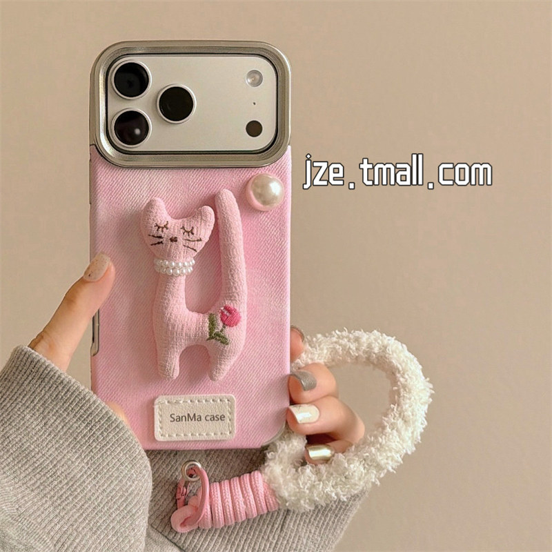 jze 秋冬立体可爱珍珠粉猫公仔适用苹果17ProMax手机壳iphone15新款16pro女13毛绒挂绳15pro全包防摔保护套14