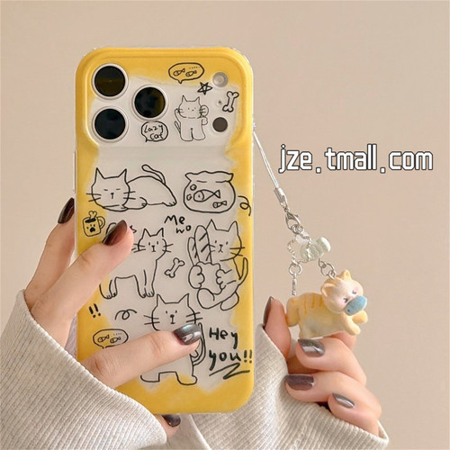 jze 韩风涂鸦线条可爱猫咪挂件适用苹果17ProMax手机壳双层iphone16pro新款17女款15pro创意14全包防摔手机套