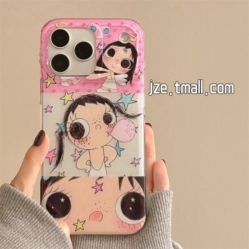 jze 治愈可爱卡通吹泡泡小女孩适用苹果17ProMax手机壳iphone15新款16pro网红女款17pro双层14全包防摔手机套