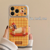 jze 皮质橙黄格纹带腊肠狗支架适用苹果17ProMax手机壳日韩iphone15新款 16pro女17pro大视窗全包14防摔手机套