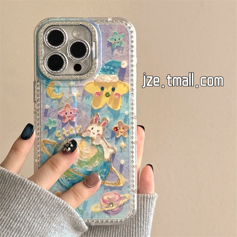 闪钻油画星星兔子可爱卡通适用苹果15手机壳iPhone16ProMax新款15pro防摔13女款小众12带镜头膜14pro全包软壳