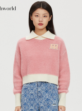 mithworld/沵媞浆果樱花花酥云纱撞色翻领套头针织衫百搭休闲女款