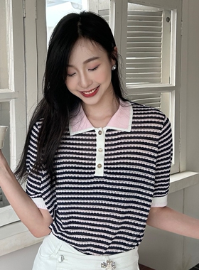 【商场同款】mithworld沵媞2026镂空高弹T恤撞色条纹针织衫polo衫