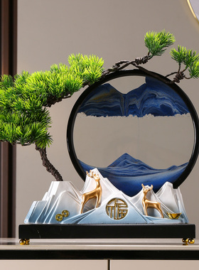 创意迎客松流沙画 画摆件沙漏新中式客厅玄关办公室领导高档装饰