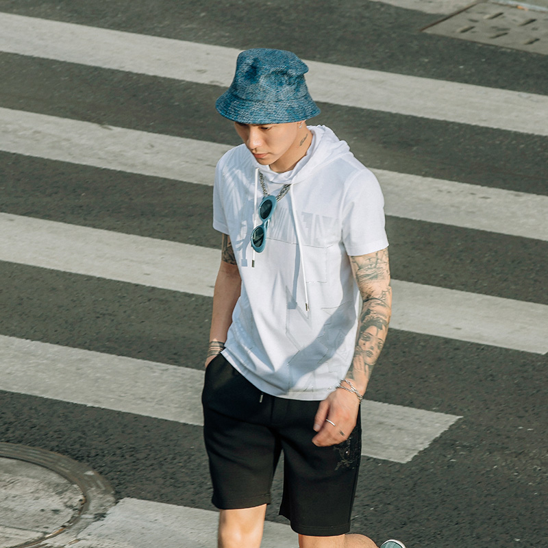 david naman春夏季百搭简约白色男休闲短袖t恤舒适棉质连帽短袖