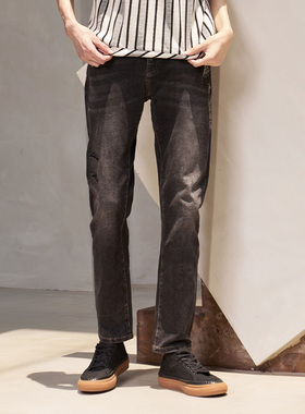 DAVID NAMAN男士秋季灰色水洗潮流做旧纹理复古直筒修身牛仔裤