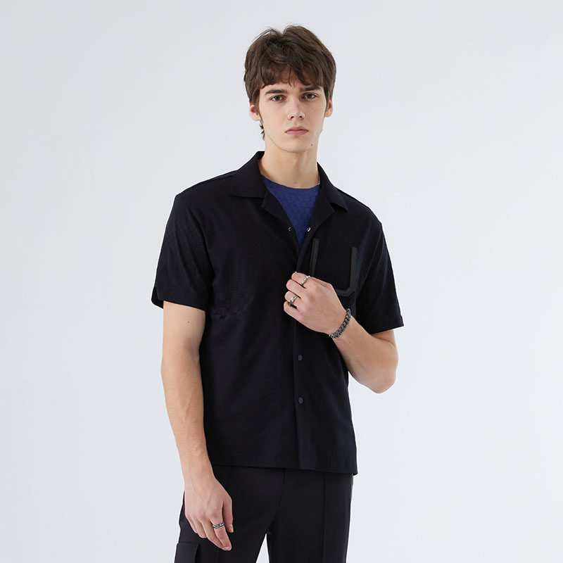 DAVID NAMAN夏季新款时尚休闲薄款凉爽拼色口袋短袖衬衫领T恤上衣