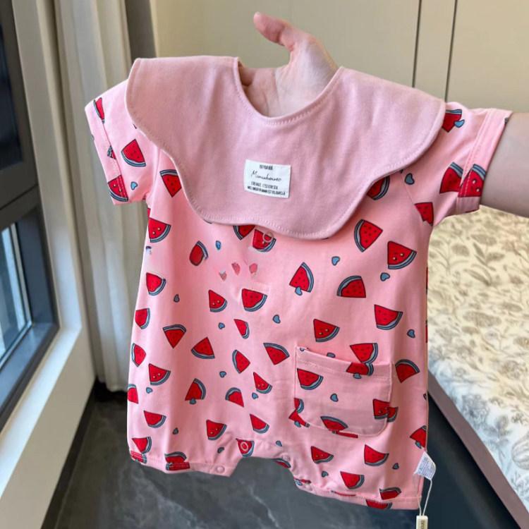 女宝宝时尚夏季连体衣短袖短裤可爱婴幼儿粉色爬服外穿洋气哈衣T
