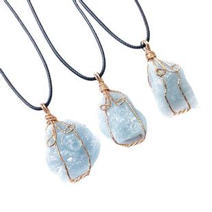 Aquamarine 天然海蓝宝原石水晶绕线吊坠 不规则三月诞生石挂饰