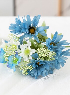 17头蓝色小雏菊仿真花束 韩式洋甘菊家居软装摆件 假花装饰