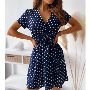 连衣裙短裙DRESS sexy性感V领波点圆点印花收腰短袖 欧美风夏季 新款