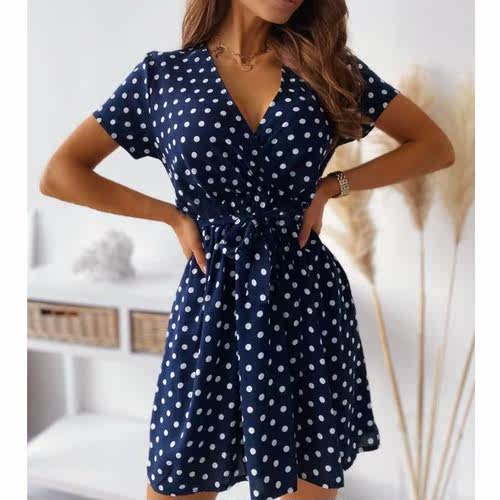 欧美风夏季新款sexy性感V领波点圆点印花收腰短袖连衣裙短裙DRESS