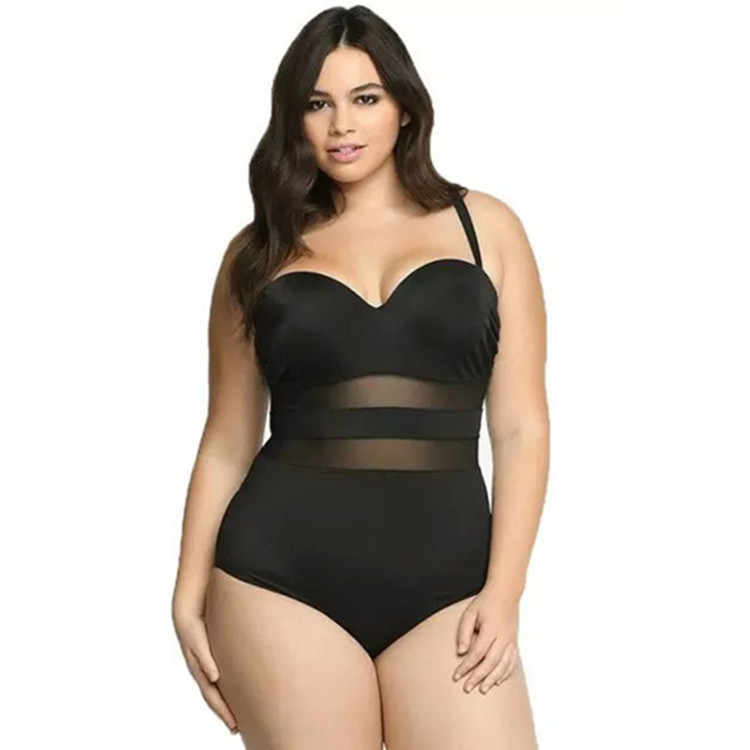 欧美加肥大码连体泳装纯色网纱拼接肥婆比基尼Plus-size bikinis
