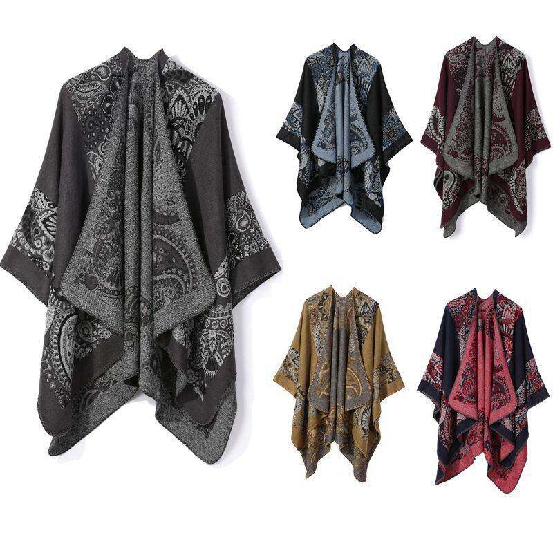 新款四季外搭民族风印花度假加长开叉披肩女保暖斗篷热卖 shawl