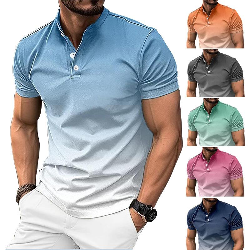 2024男装立领渐变休闲短袖亨利衫Men short sleeved stand collar
