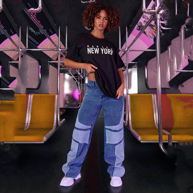 women jeans 2022 Fashion trousers ladies pants直筒裤牛仔拼接
