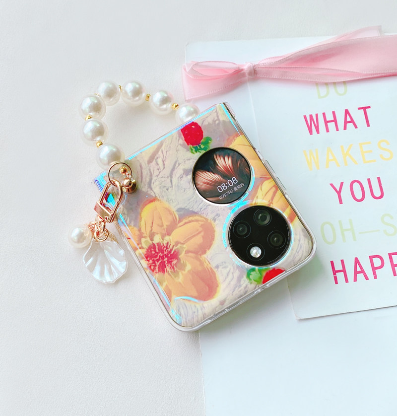 蓝光花珍珠链适用于新款华为pocket2手机壳p50pockets宝盒折叠屏手机套少女保护壳奢华防摔壳轻薄手提软边壳