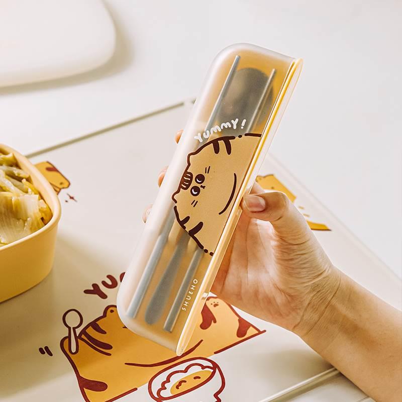 树可橘猫筷子勺子套装便携式餐具收纳专用盒一人用小学生上学带饭 餐饮具 便携/折叠餐具 原图主图