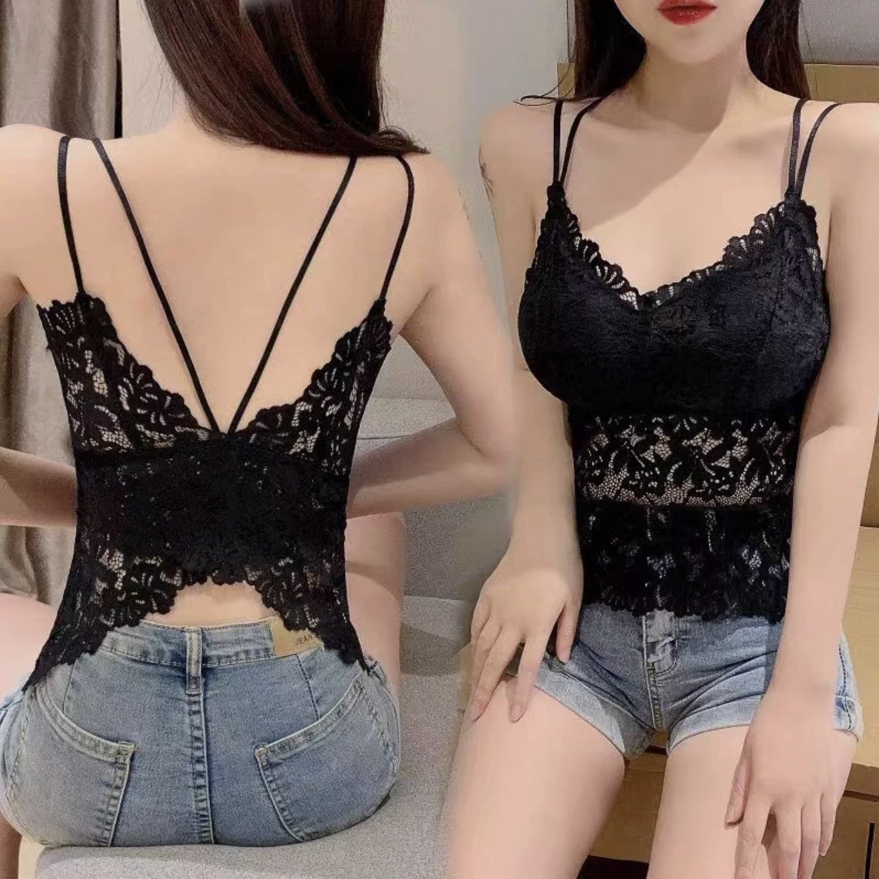 蕾丝无痕交叉美背性感内衣女自带胸垫防走光夏季薄款大码吊带背心