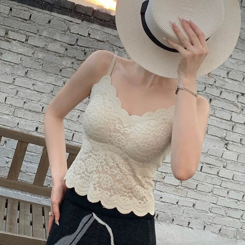 冰丝无痕性感蕾丝吊带背心女士夏季薄款带胸垫一体式外穿美背内衣