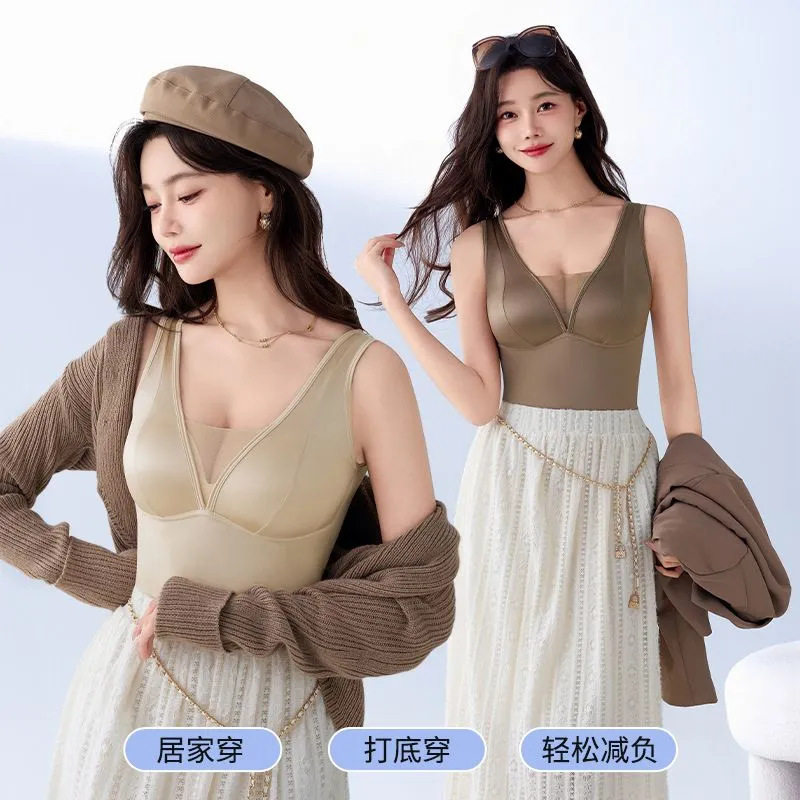 缎面网纱拼接吊带背心带胸垫一体式无痕夏季薄款修身显瘦大码内衣