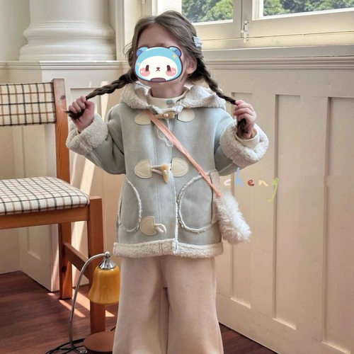 女孩秋冬童装2025韩系女童小童皮毛一体连帽外套大衣加绒休闲裤厚