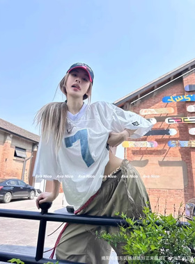 2000archives姜涩琪申留真崔有真同款复古拼色球衣宽松短袖T恤女