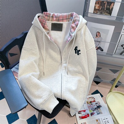 学院风复古撞色格纹拉链卫衣女秋冬加绒美式慵懒chic连帽开衫外套