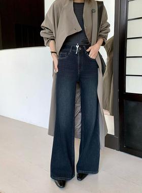 SMX98299加绒直筒微喇牛仔裤女冬季喇叭裤高腰加厚黑金阔腿拖地裤