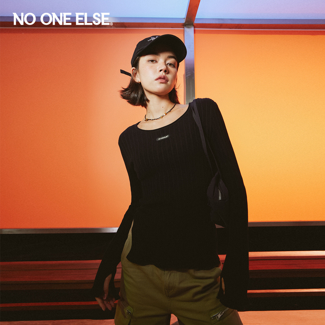 NO ONE ELSE纯色针织衫女2026春秋新品美式辣妹基础木耳边打底衫