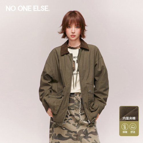 NO ONE ELSE撞色翻领棉服男女2026冬季新款口袋抽绳长袖保暖外套