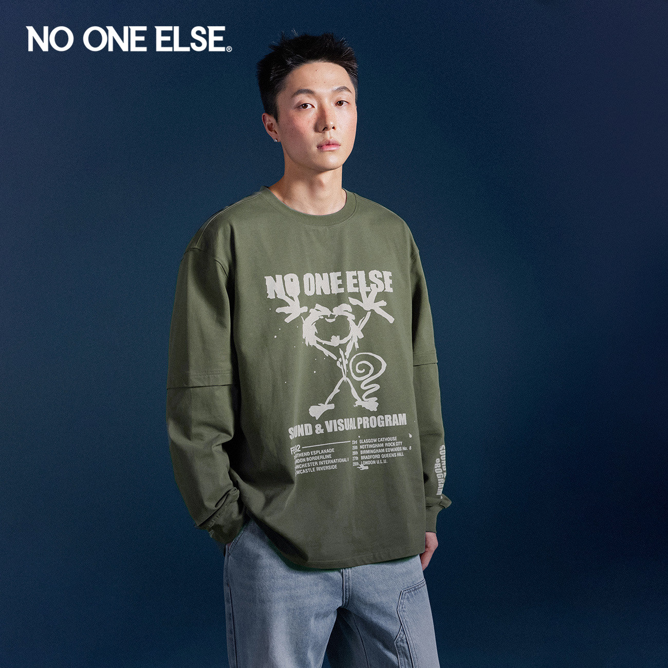 NO ONE ELSE卡通字母印花T恤男女2026春秋新款圆领宽松长袖打底衫